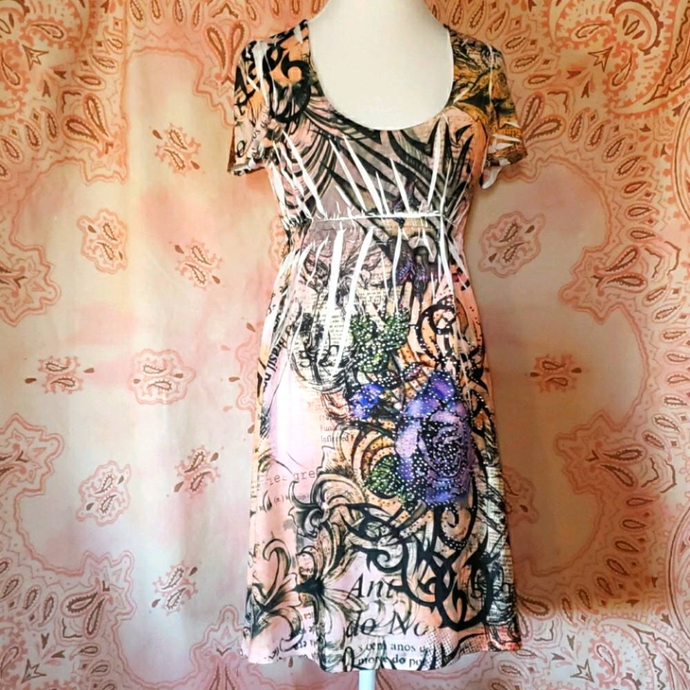 Purple Rose Dress Rhinestone Pleated Butterfly Western Dress Art Flower Floral